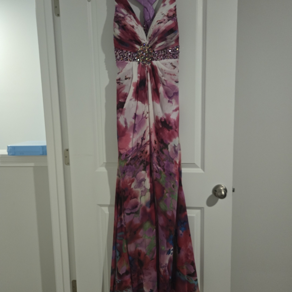 Cache Floral Backless Evening Gown in Pink and Purple with Jewel Waistband
